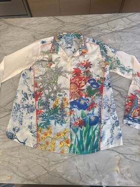 Johnny Was Amelia Silk Floral Bird Long Sleeve Button Down Shirt